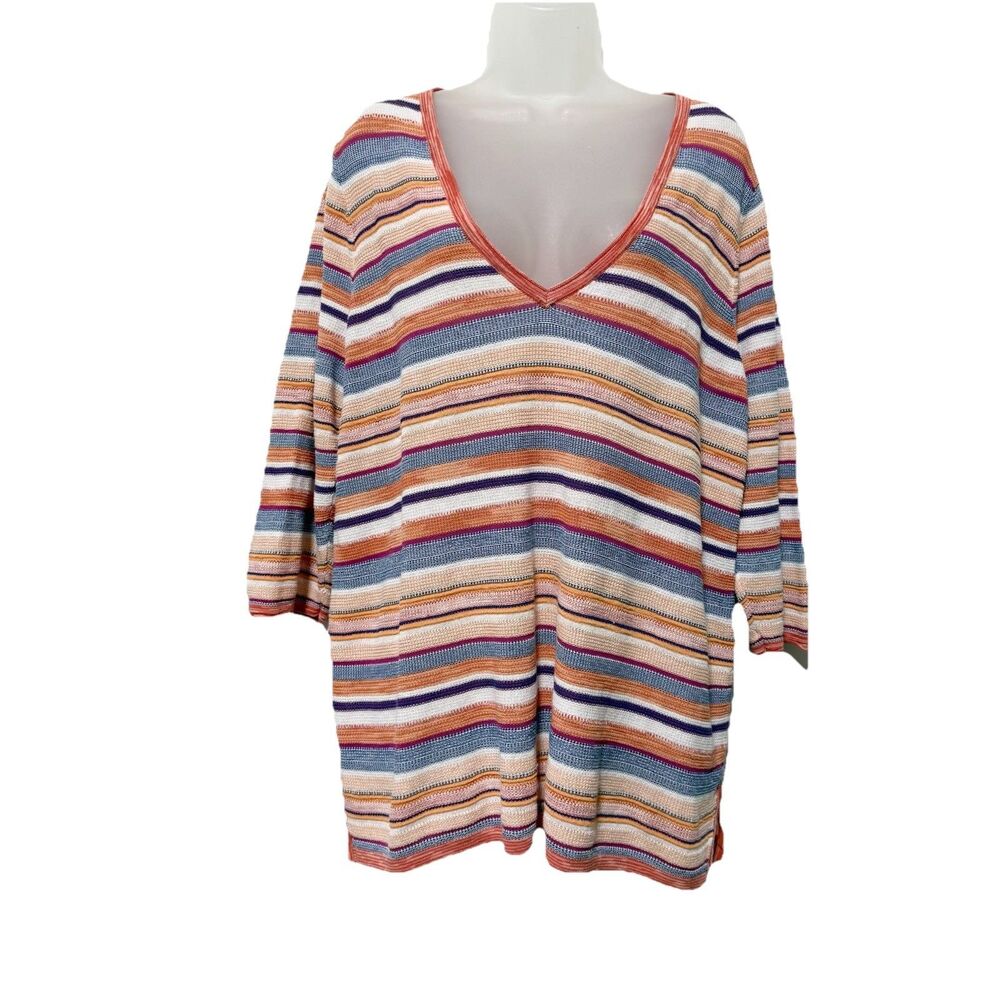 Chico's Striped Orange Red Blue V-Neck Lightweight Sweater Top Size 3 US XL